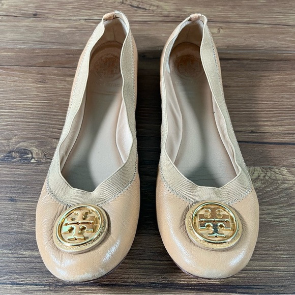 Tory Burch Caroline 2 Ballet Flats Tan Leather Slip-Ok Shoes Women’s Size 7 - Picture 1 of 9